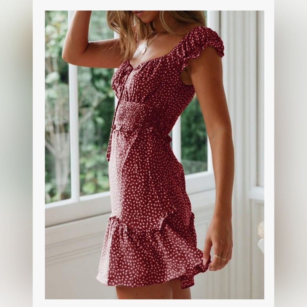 Women's Red Polka Dot Mini Dress Boho Country Peasant Cottagecore Size XL